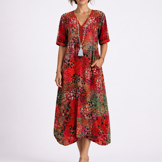 Women’s Summer Floral Midi Dress with V-Neck