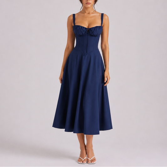 Women’s Elegant Corset Midi Dress with Ruched Bust