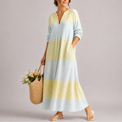 Women's Summer Color Block Maxi Dress | Lightweight V-Neck Casual Dress