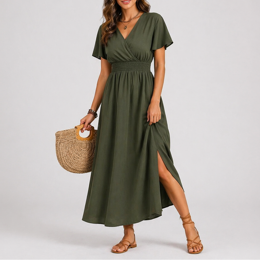 Women’s Olive Green Wrap Maxi Dress – Lightweight Summer Style