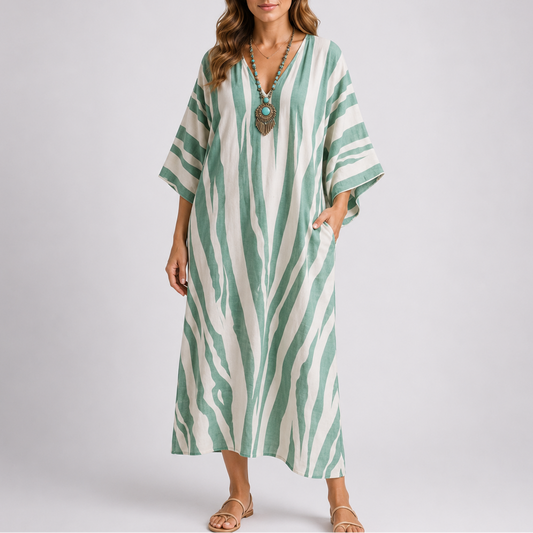 Elegant Mediterranean Striped Long Kaftan Dress